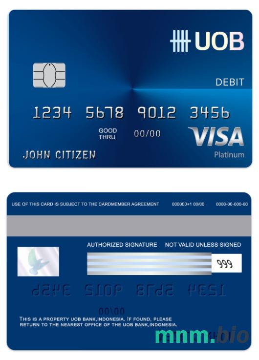 Indonesia UOB bank visa regular debet karta przykład w formacie PSD